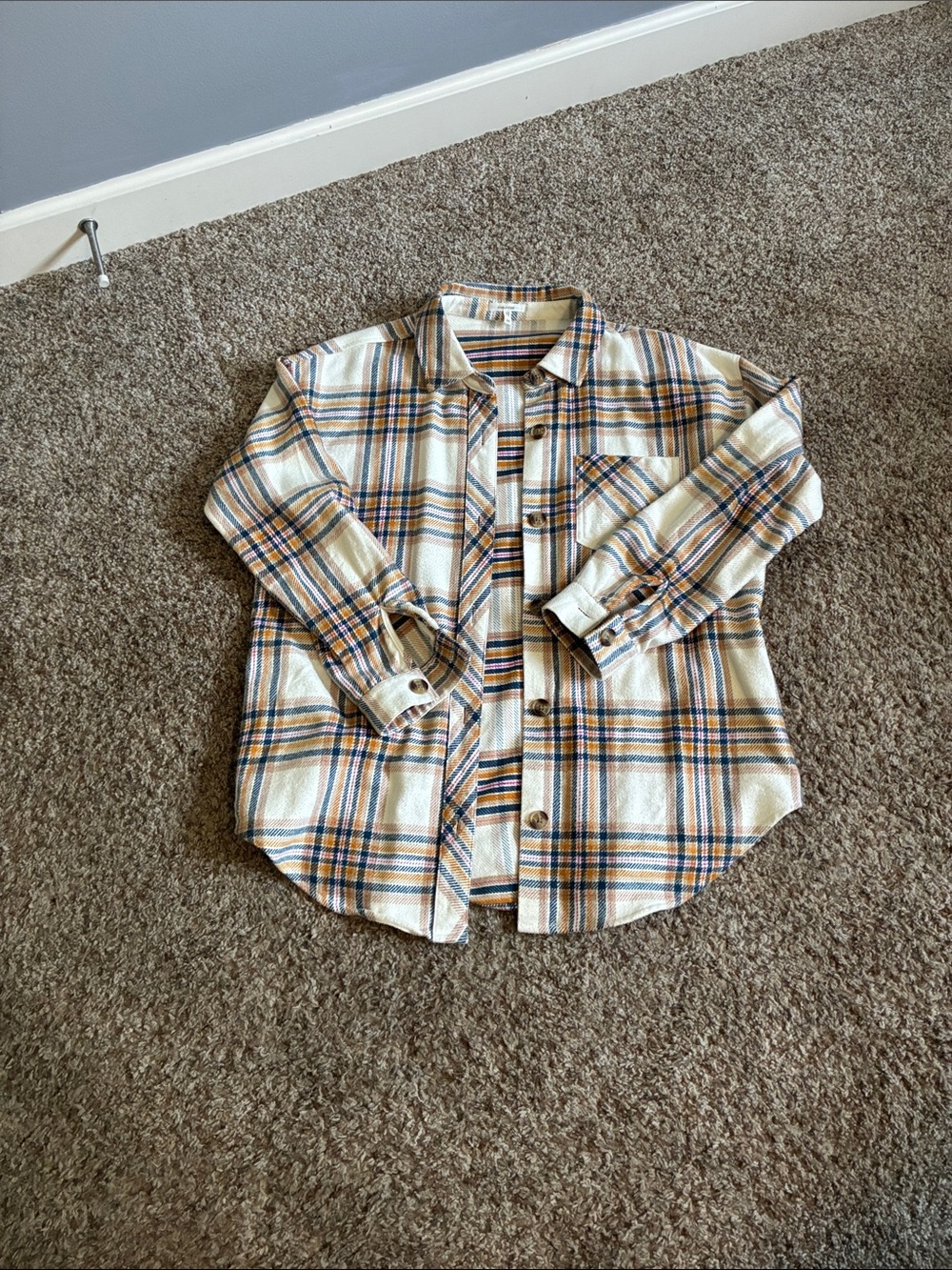 Maurices Cream Plaid Button-Down with Mustard and Navy Stripes